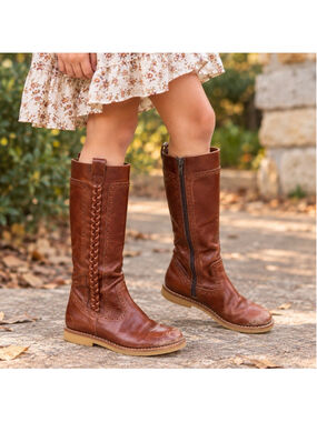 Elephantito Braided Leather Tall Boots Brown Girls Size 3 Riding Equestrian